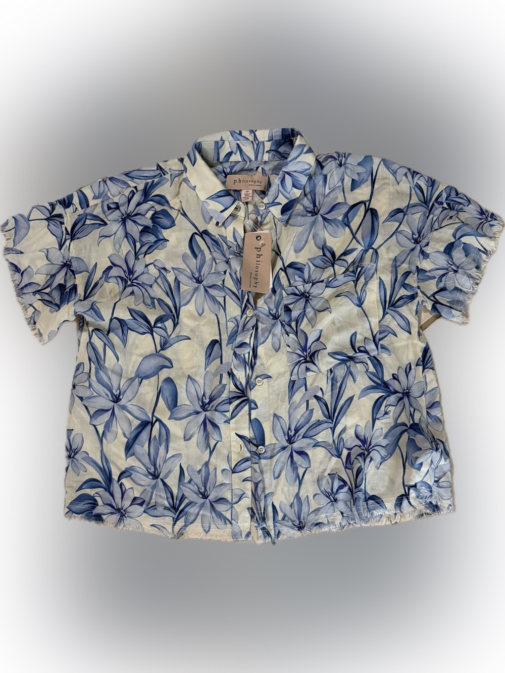 Philosophy Women’s Blue Floral Button-Down Cropped Shirt Size Small NWT